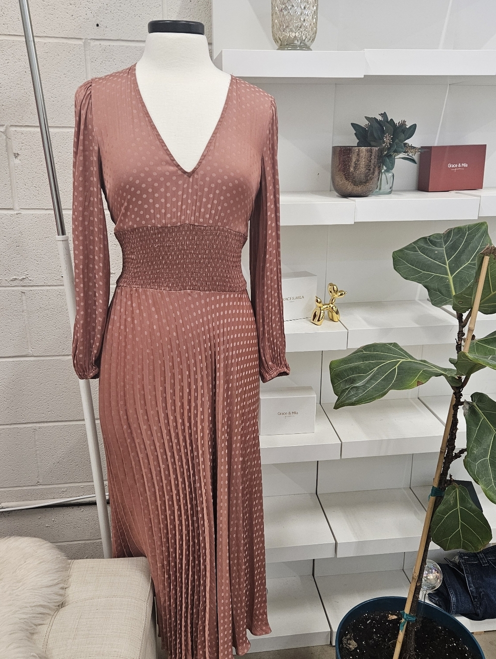 Polka Dot Brocade Pleated Midi Dress